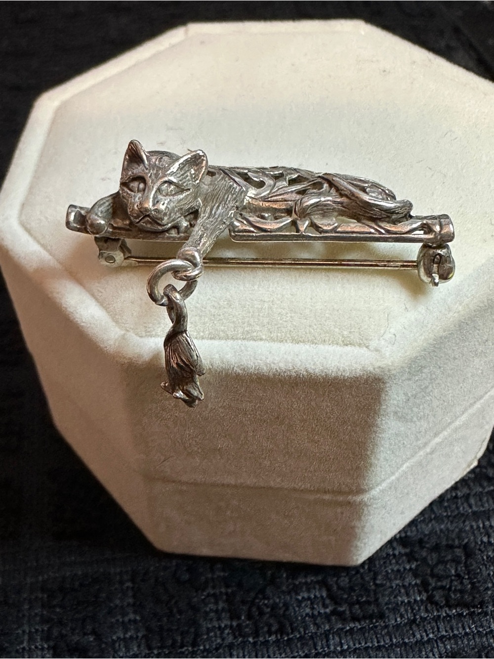 Silver Cat Brooch with Dangling Mouse - Elegant Cat Jewelry